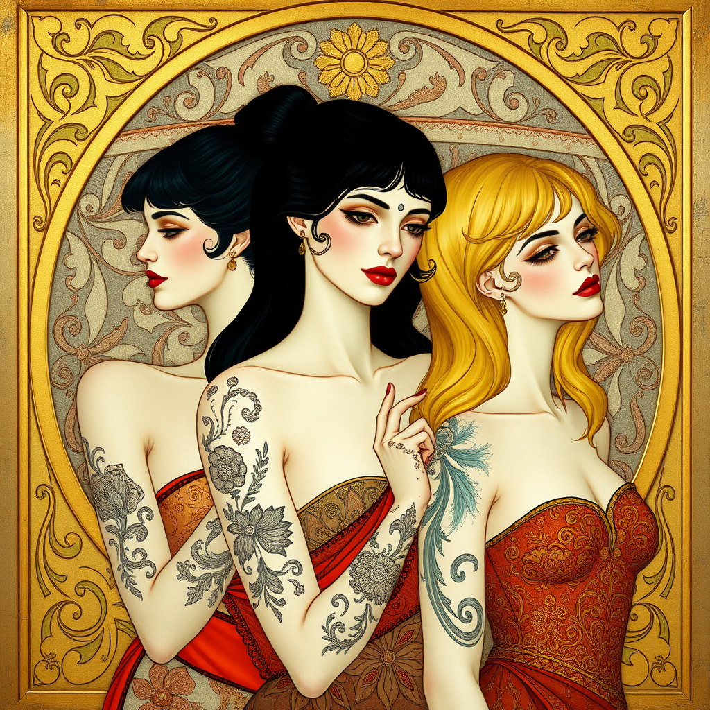 Prompt by picture with: In the Max Klimt style. women (one of them has blond hair and two black hair) with henna tattoos and very white skin stand in front of a kind of Art Nouveau relief. The picture has an old gold thin surround.