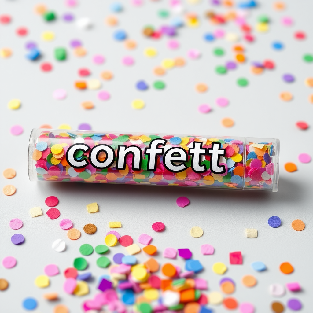 colorful confetti popper tube with text "confetti" on it