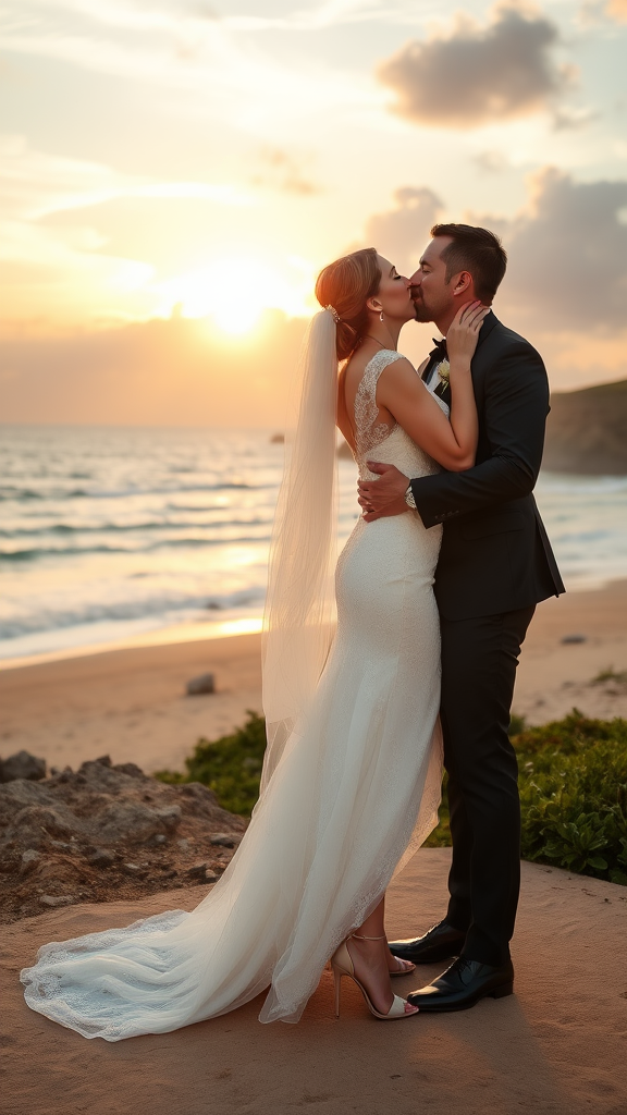 In the background, the bride and groom dressed elegantly, she in high-heeled shoes and he in patent leather shoes, he passionately kisses the bride, with the sea and a beautiful beach in the background, a sunset sky with sun rays and clouds.