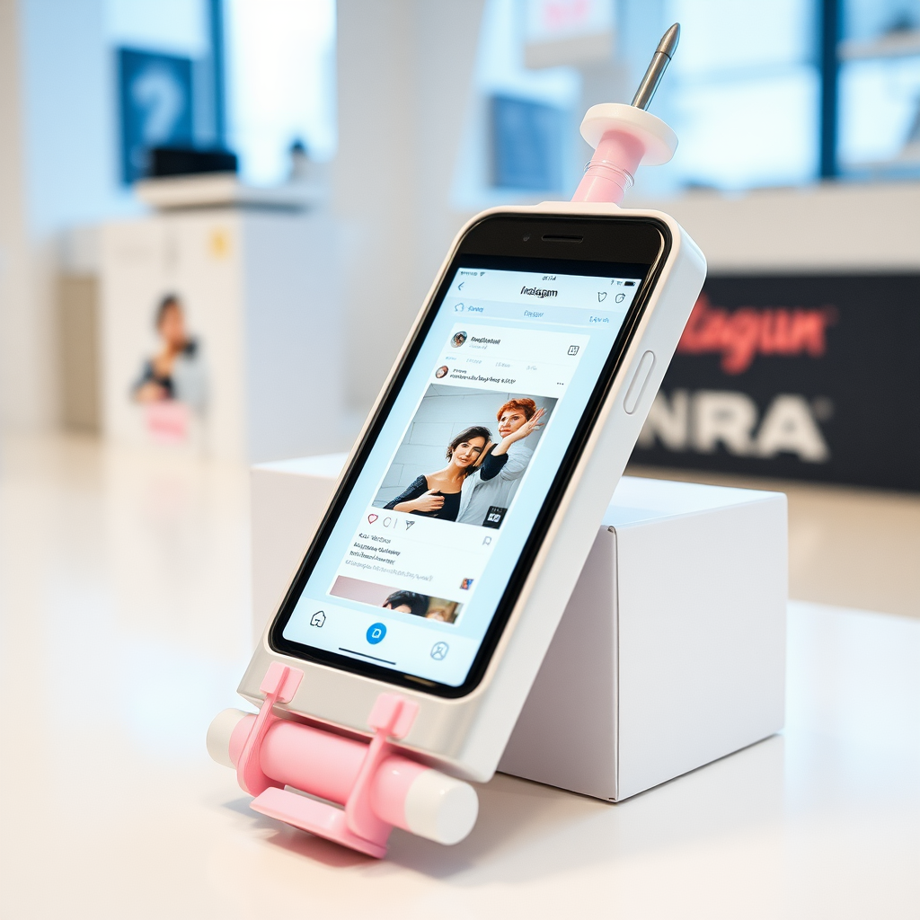 A close-up straight front view of a mobile phone in a shape inspired by a syringe, white-pink futuristic, kept for sale leaning against a box, in a showroom, metallic body, touchscreen phone with an Instagram page open on the screen, needle on top, whitepunk.