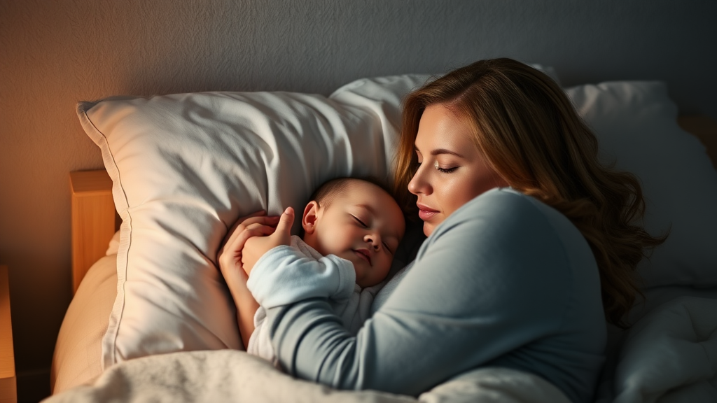 A mother trying to put a little baby to sleep at night.