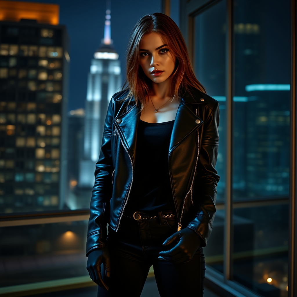 A beautiful and hot thief girl in a black leather jacket over a black t-shirt with black jeans and gloves in a Manhattan penthouse at night.