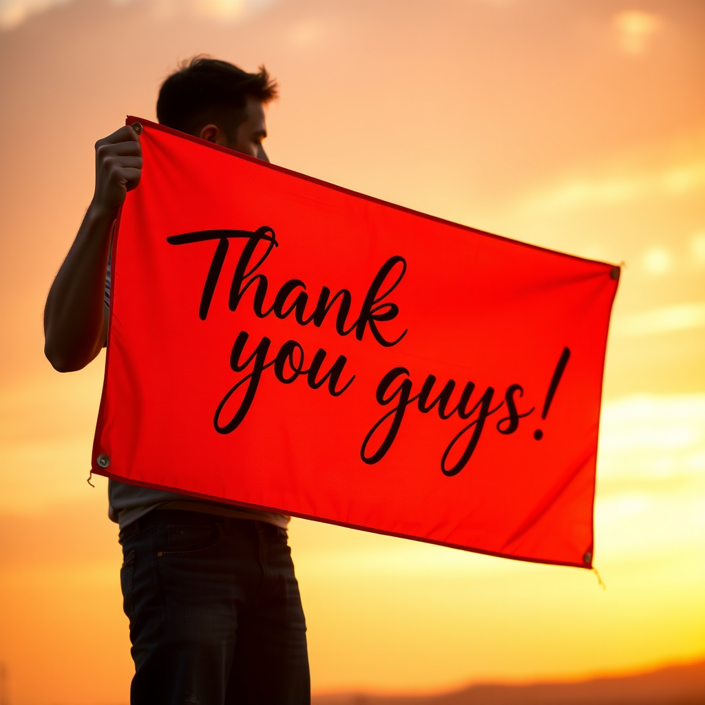 A slightly angled camera perspective from the side, showcasing mrfabiom standing proudly, grasping a vibrant banner emblazoned with the phrase "Thank you guys!" in an elegant, handwritten font against a warm sunset background.