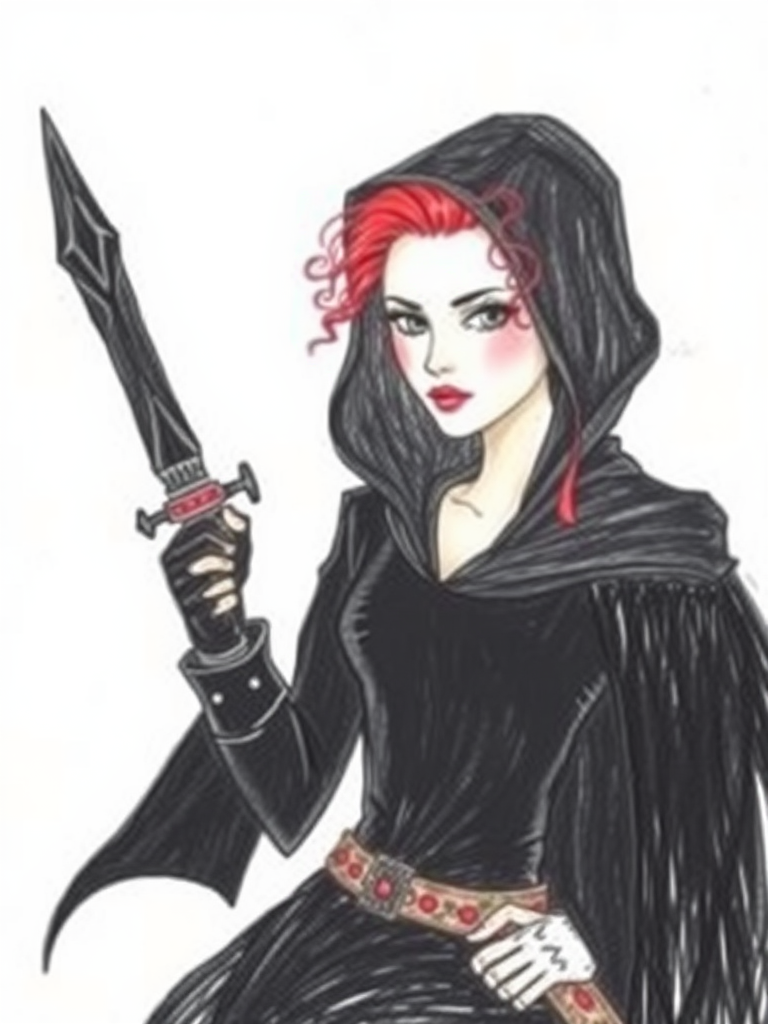 A terrible drawing done by a child with crayons: a beautiful woman assassin dressed in all black with curly red hair.