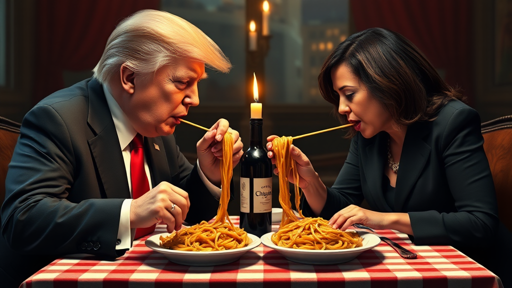 Photoreal style. ratio: 16:9. Donald Trump and Kamala Harris eating in an Italian restaurant a la the one in 'Lady and the Tramp.' Checkered tablecloth, Chianti bottle used as a candle holder. Both humans are eating spaghetti from the same plate with their hands, and end up eating the same piece of spaghetti, making their heads meet.