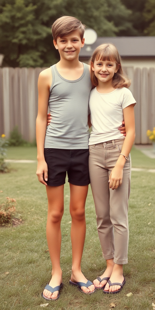 photorealistic, ultra high resolution, 16K, a tall skinny 13yo boy wearing tank top, tight booty shorts, long legs, bare thighs. With a girl wearing t-shirt, long pants. At backyard. Full length view. Vintage family photo, 1970s.