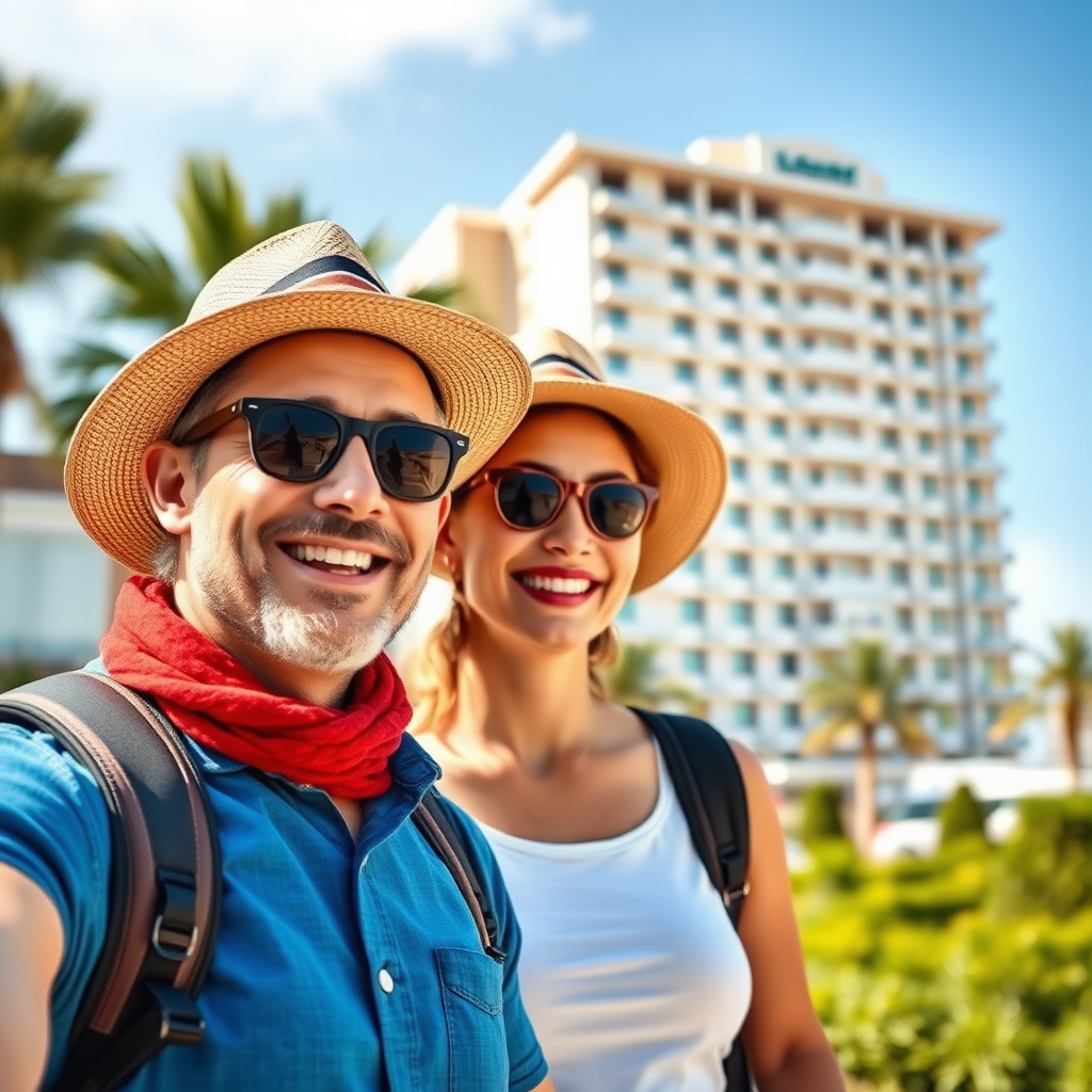 create a photo realistic image of a tourist couple smiling and in the background their hotel. Make the image rectangle and not square