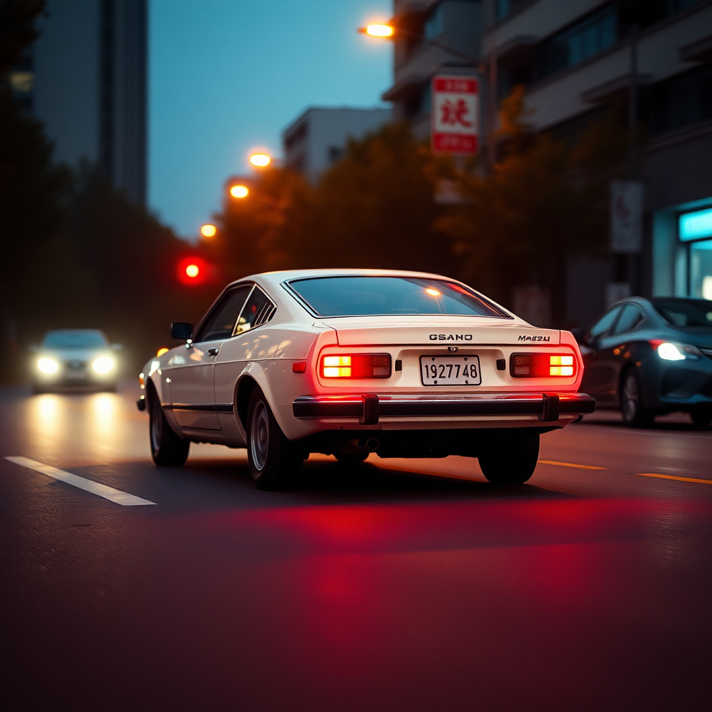 a white car is driving down the street, a picture, unsplash, shin hanga, 70's, looking regal and classic, fuji lut, poorly lit, mazoku, devils, lada, lowres, iso 500, backlighted, foam, vehicle photography, frank fanzzeta, 1 2 k, japanese, single light, basic, italian masterpiece