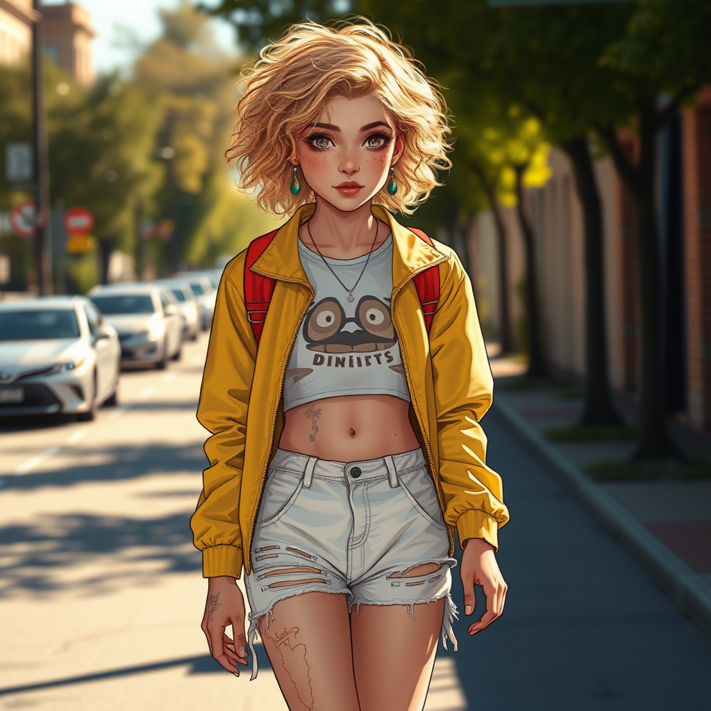 Ultra Realistic taken photo style image, Extremely good quality 8k resolution drawn manga image of a 15 year old petite and short tomboy girl with golden blonde curly hair with mixed and different colored eyes for each eye and moles on her entire body and is a white American girl, Has on a Gold Jacket over a white extremely short crop top only covering her breasts and nothing more with a design on it, and has on ripped shorts and cool looking sneakers with a deep scar or injury on her stomach with a bright color backpack, ear piercings on, walking on the street to school in the morning with the beautiful sunlight lighting up her body beautifully.