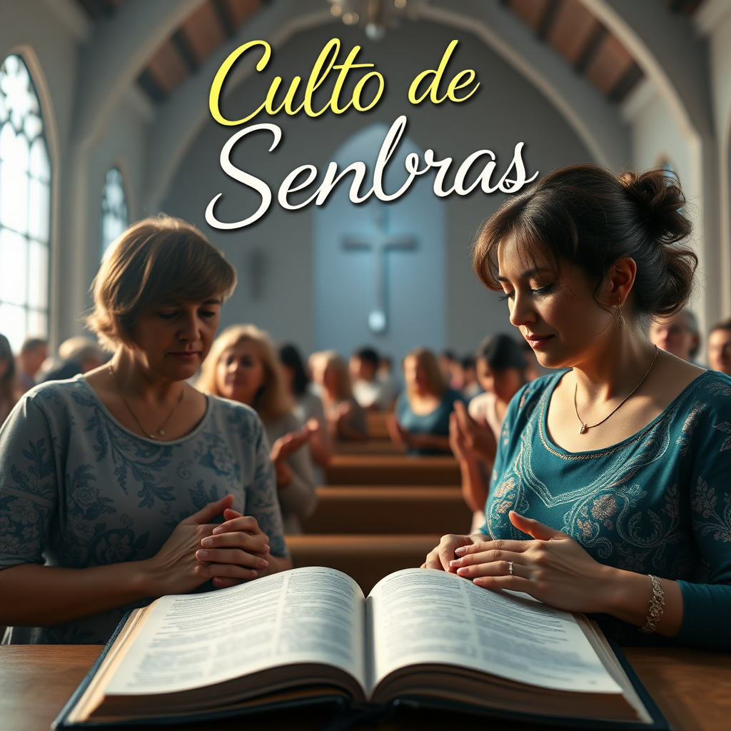 a banner with an image of several women praying in an evangelical church and with the Bibles open at the top of the banner has a stylized title written "Culto de Senhoras", digital art style, ultra detailed, cinematic lights, high quality, 8k