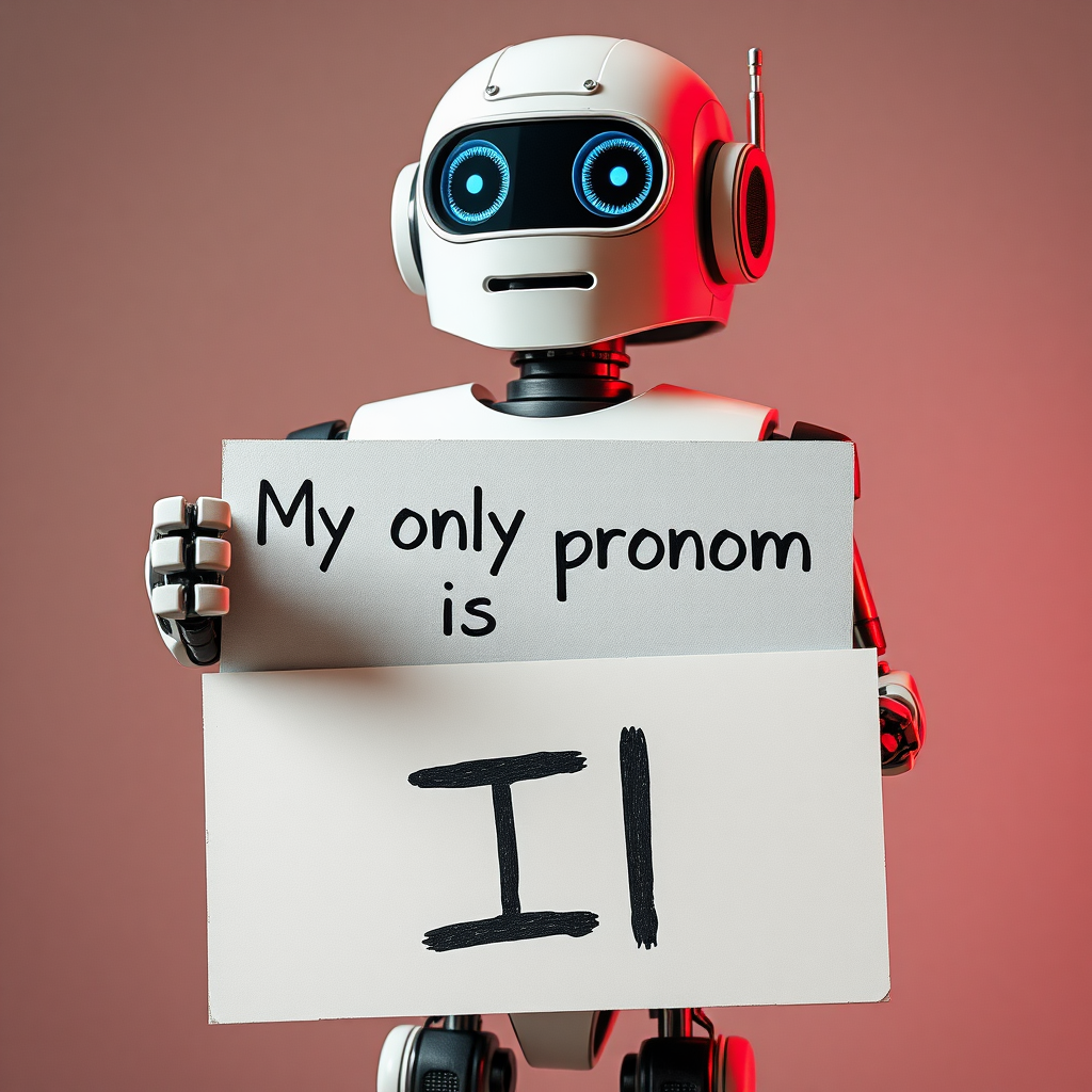 A robot holds a sign "My only pronoun is I"