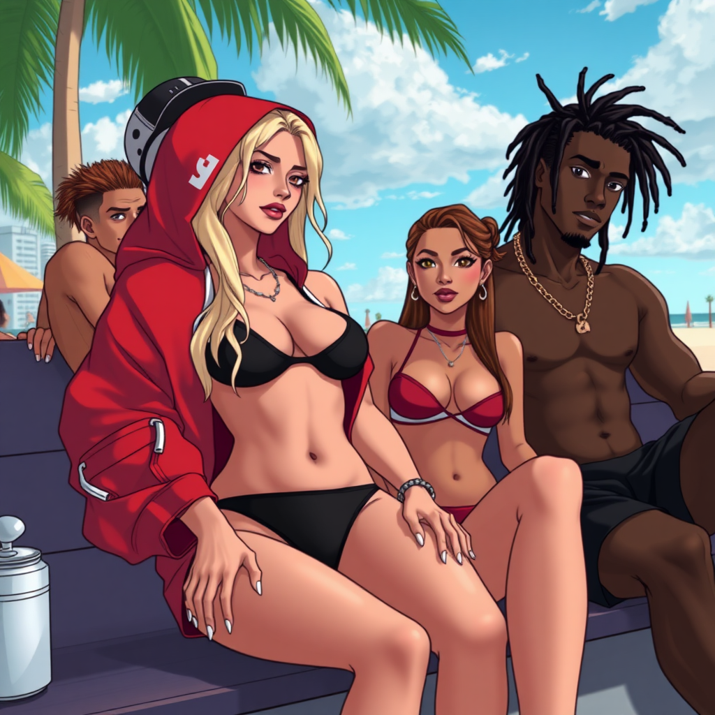 Anime of A 19 year old thug ghetto women, white, long blond hair, wearing nothing but a micro-black bikini and g-string thong under red-white bape hoodie, red-lips, white-nails, down in Miami beach Florida near a city, she is sitting next to a dark-skinned male with dreadlocks right-side, left side to her is a male-latino with brown-fohawk hair with a sideways cap, there is also a latina women with a brown-ponytail (Lucia)