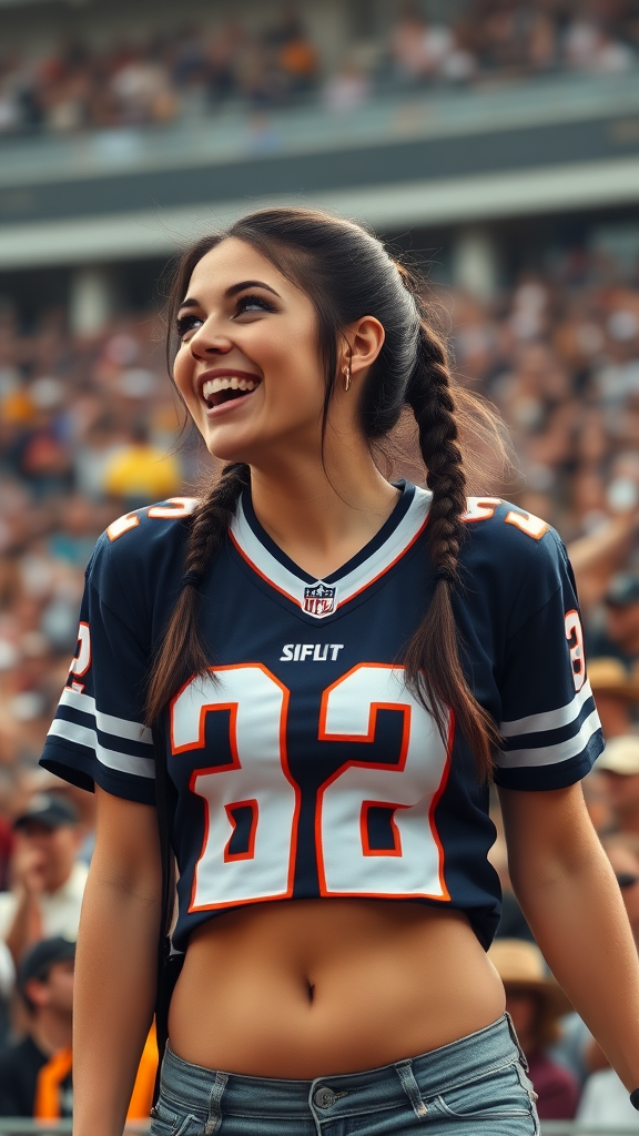 Attractive female NFL fan, pigtail hair, jersey, large titties, reacting to a victory, crowded stadium bleachers