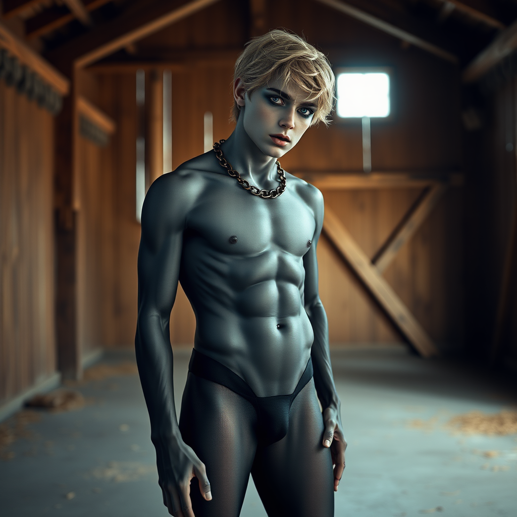 photorealistic, ultra high resolution, 16K, surreal fantasy, soft studio lighting, Caleb Swift is a pretty 16 year old goth male, slim male physique, blonde hair, blue eyes, goth makeup, earrings, sheer black pantyhose, spikey neck collar with chain, standing on the floor of the barn striking a pose as Michelangelo's "David" sculpture, excited mouth, bulging manhood, full body in wide view from side with Caleb facing the camera.