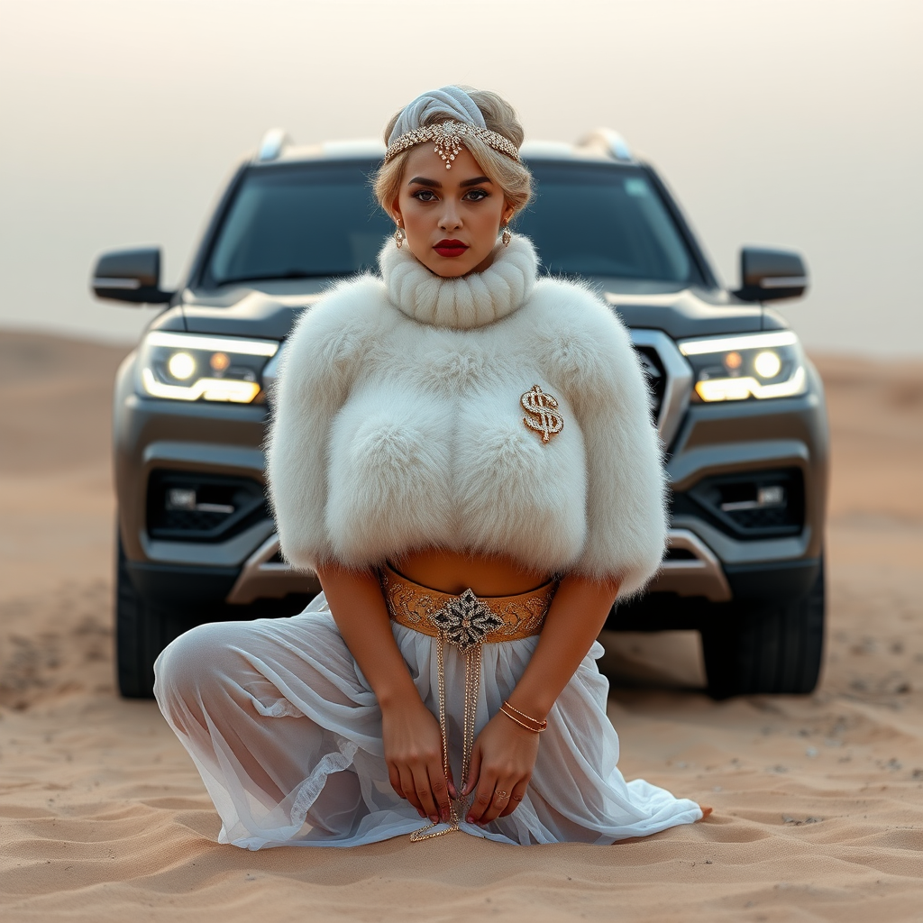 Kuwait desert dunes misty dawn, full size luxury SUV: Melissa, European 17 years old very convincing femboy “trophy-bimbo”, tamed servile docile, very beautiful feminine flawless face, rather short, by hormones very curvaceous womanly figured, platinum blond short tight curls, bold red lips, heavily made-up face, wearing Supertanya-style fluffy very fuzzy bright white angora turtleneck-poncho cropped ending under bust decorated with pearls and gemstones, striking oriental wide gold bridal protection belt, white fully transparent harem pants, full Oriental bridal jewelry with striking headpiece, full Oriental face-jewelry, striking diamond “$$$” letter brooch on left chest, pout frustrated, hands tied behind back, kneeling in sand in front of SUV, looking at camera. Focus on face and turtleneck-poncho.