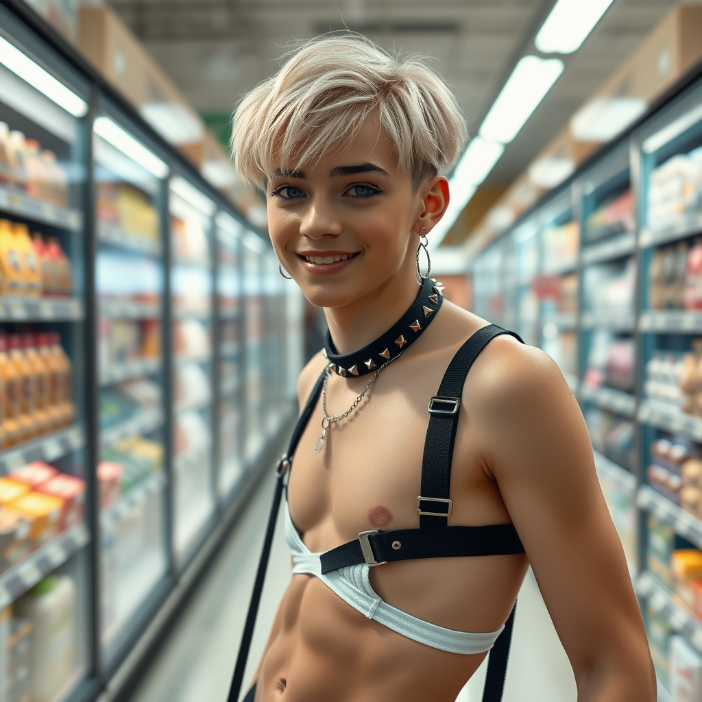 photorealistic, ultra high resolution, 16K, surreal fantasy, studio lighting, a pretty 16 year old goth boy, slim male physique, short blonde hair, goth makeup, earrings, pantyhose, harness, spikey dog collar and leash, trainer-bra, white ballet shoes, in the supermarket, excited smile, facing the camera.