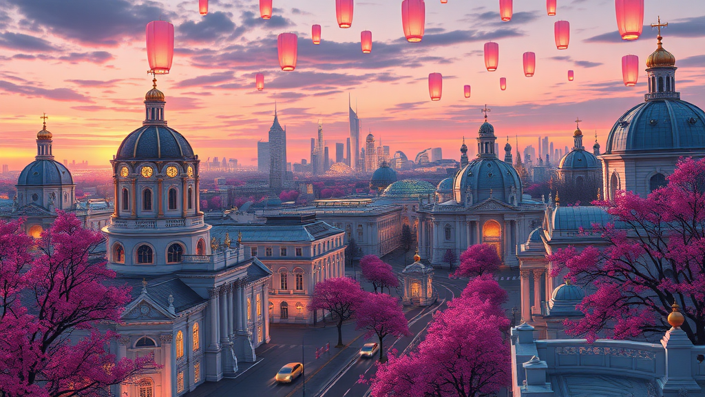 This anime art concept in 8k resolution brings to life a cityscape at dusk-sunset that blends historical grandeur with futuristic innovation. The city, inspired by Russian Tartarian architecture, features majestic structures with ornate details and intricate designs, showcasing an opulent and storied past.

The foreground reveals immaculate streets lined with grand cathedrals and dome-shaped white buildings, each one a marvel of architectural beauty. These buildings, with their elaborate facades and towering spires, reflect the rich cultural heritage of the city, along with beautiful pink trees dotted around the city.

In the distance, technologically advanced metropolis uniquely designed white-grey buildings glow with vibrant lights, contrasting sharply with the historical architecture. Their sleek, futuristic designs add a dynamic and forward-looking element to the scene.

The sky is adorned with floating lanterns, drifting gracefully and casting a warm, magical glow over the city. Pink foliage adds a touch of whimsy and elegance to the landscape, with vibrant hues enhancing the dreamlike quality of the scene.

Bubble-shaped vehicles glide smoothly across the landscape, showcasing advanced transportation technology while seamlessly integrating with the city’s aesthetic. These vehicles move along clean, well-maintained streets, highlighting the city’s blend of tradition and innovation.

Overall, the scene is framed by the ice wall, hinting at the fascinating world beyond and adding a sense of grandeur and mystery to the composition. This exquisite portrayal captures both the historical richness and futuristic vision of the city, creating a captivating and immersive experience.