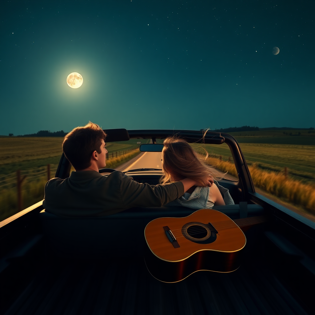 An image of a young couple driving down country roads in the middle of the night with the moon out and the stars above in their pickup truck with the top down. The guy is in the driver's seat. The woman in the passenger seat. There is a guitar in the flat bed. The woman's hair is blowing in the wind.