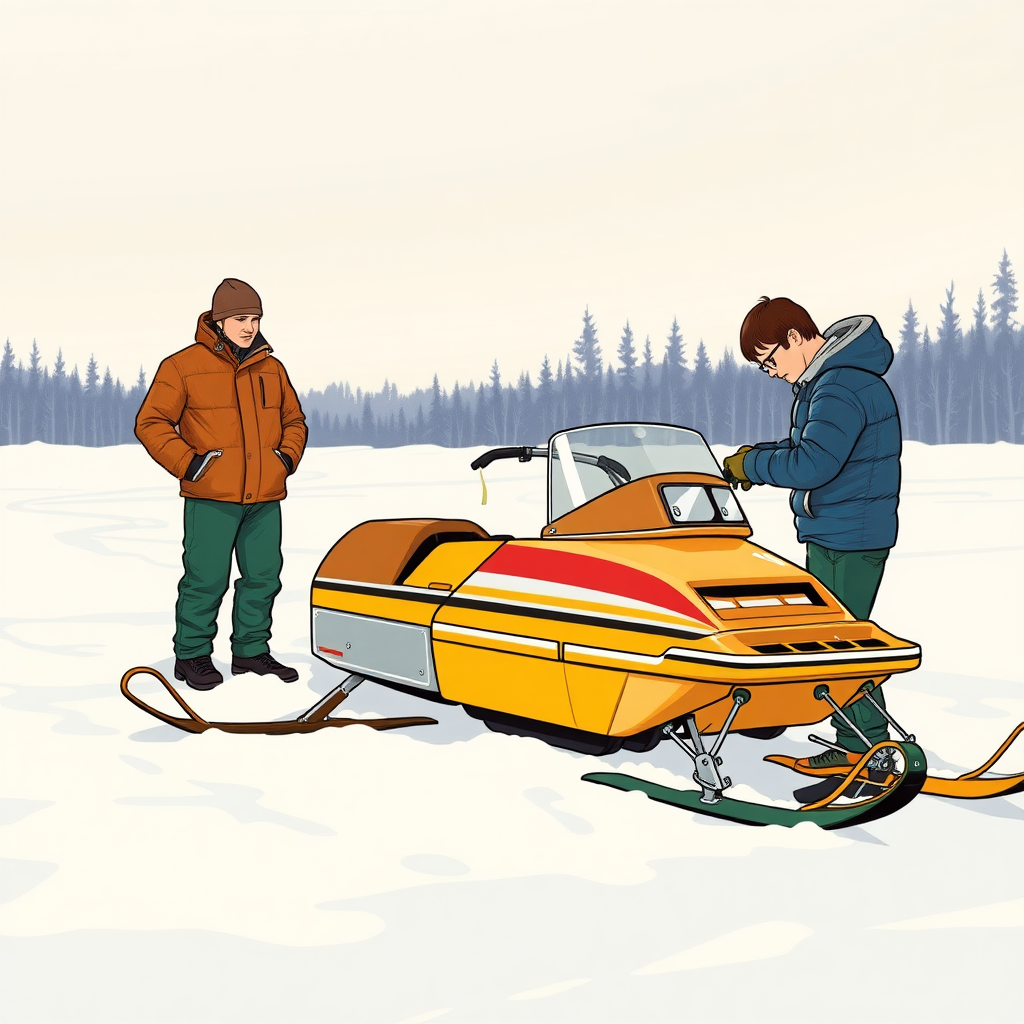 Create an original illustration of:
The bitter cold of February 1972 in Northern Ontario.
Denis stands next to his Skidoo Blizzard 340.  
Leo, his 16-year-old brother, stands by his smaller Blizzard 293, 
tightening the last few screws on the snowmobile.