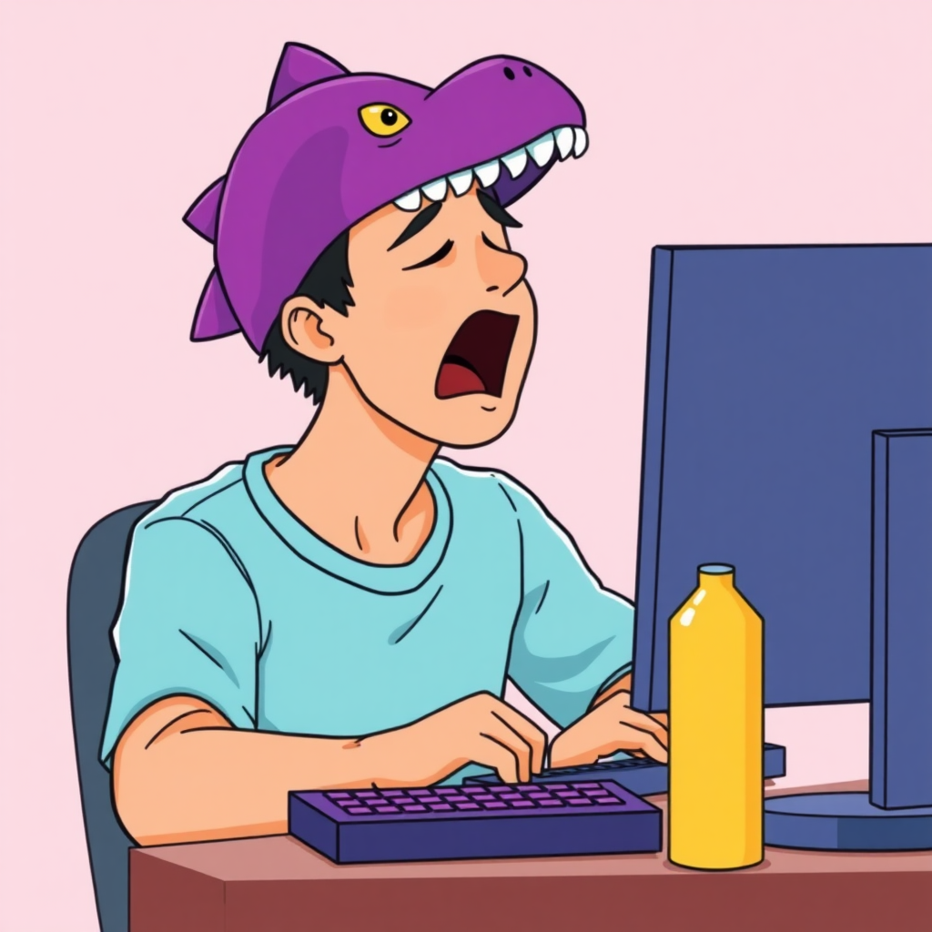 A high-quality illustration of a person sitting at a desk in front of a computer, yawning, with a purple dinosaur-themed cap and light blue shirt. The desk has a computer screen, a keyboard with purple keys, and a yellow bottle beside it. The view is the same as the original image with a light pink background and similar details, but the person now has a dinosaur cap instead of the original one.