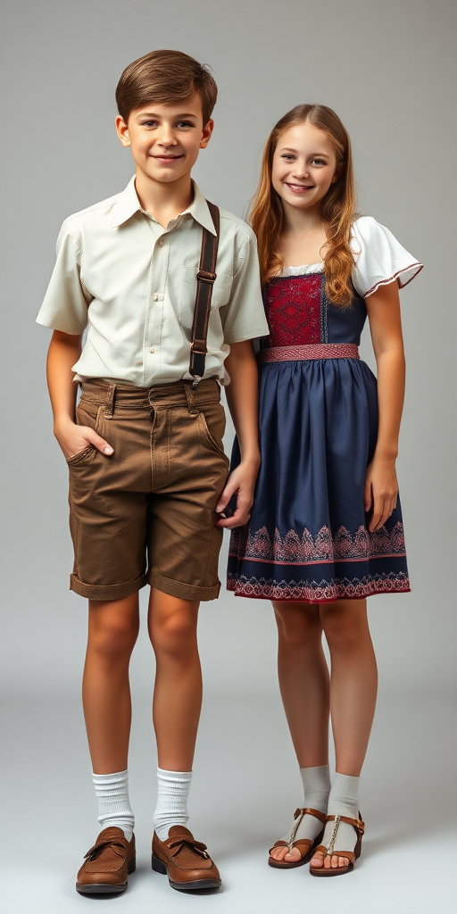 A 11yo teen boy, wearing shirt, very tight booty short lederhosen, tube socks, shoes, long legs, narrow thighs. With a girl wearing traditional ankle long dress. full-length view. studio background. Family photo. 1980s. 
photorealistic, ultra high resolution, 16K,
Negative: grainy, blurry, bad anatomy, extra limbs, watermark.