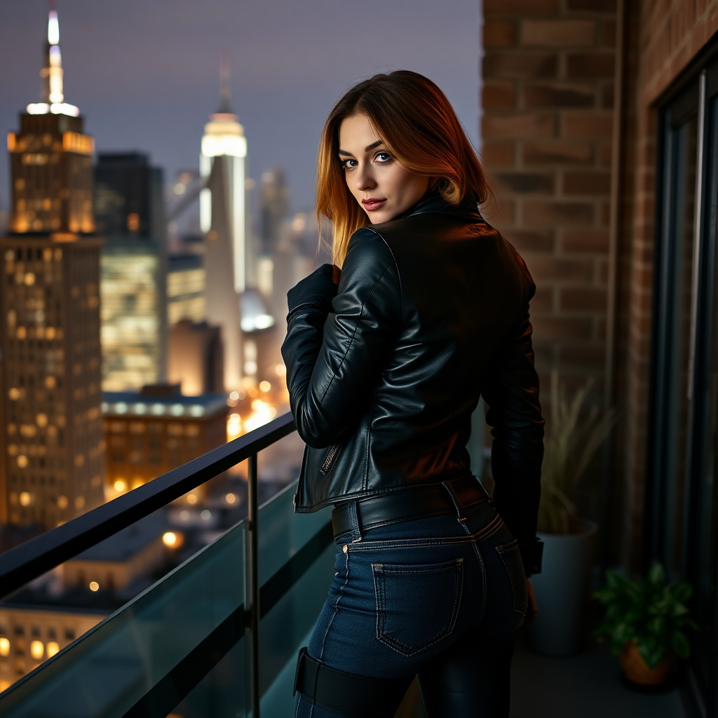 A beautiful and hot thief girl in black leather jacket with black jeans and gloves posing with her back turned on a Manhattan penthouse at night.