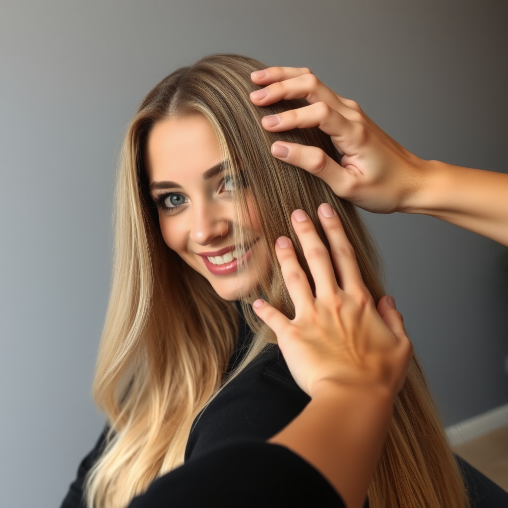 POV, beautiful very long haired blonde woman sitting in a hair salon smiling at the camera while I reach out from behind the camera to massage her scalp. My fingers are digging into her hair rubbing her scalp while her hair is covering my hands. Plain gray background.