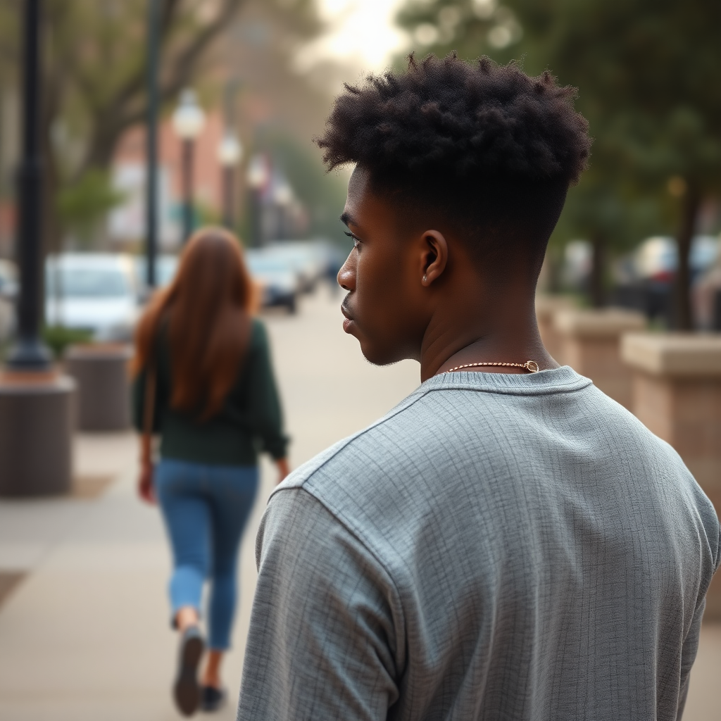 Picture of a 25 year old African American male who's sad while a beautiful 25 year old African American female walks away from him. You see the woman's backside walking away from the man as he faces the camera.