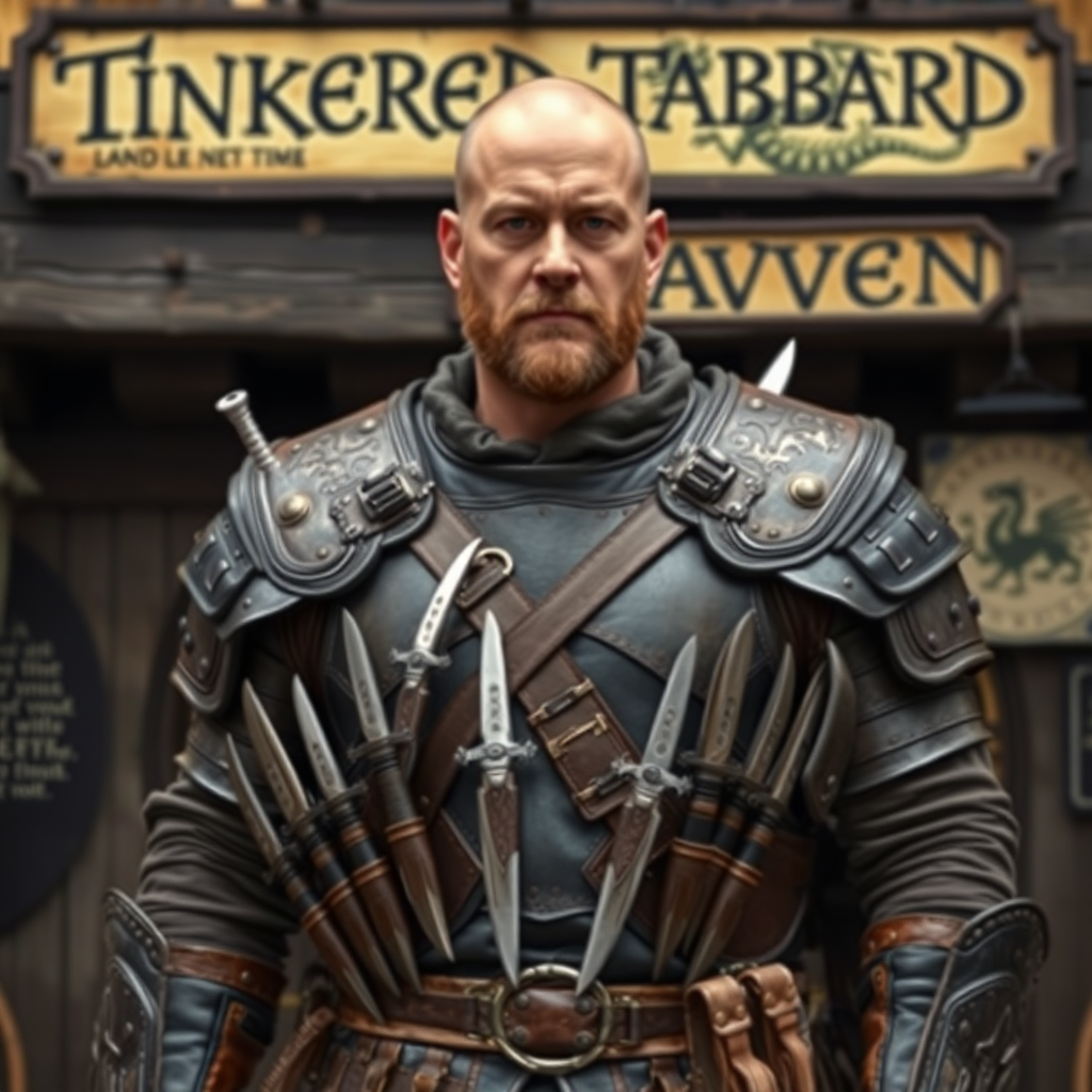 A strong, serious looking man with leather armor and many throwing knives on it standing in front of a medieval tavern with a sign on the front that says "Tinkered Tabbard Tavern". The sign also has a drawing of a dragon on it.