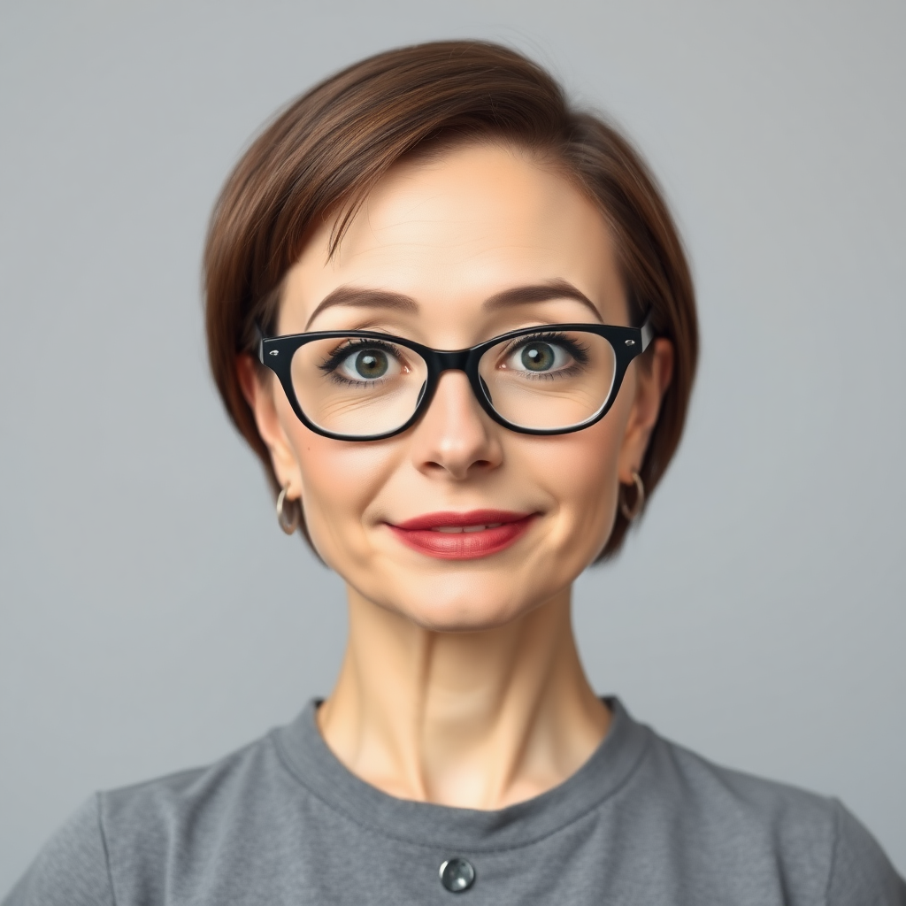 A front view of a nerdy mature woman with a tall, slim figure, featuring a short asymmetric brown bobcut, broad forehead, and youthful oblong face. She wears big black eyeglasses, a simple grey dress, and stud earrings, showcasing her big doe eyes, bulbous nose, and plump lips with yellowish teeth. Pedunculated fibroids adorn her left cheek, complemented by a large neck and wide shoulders.