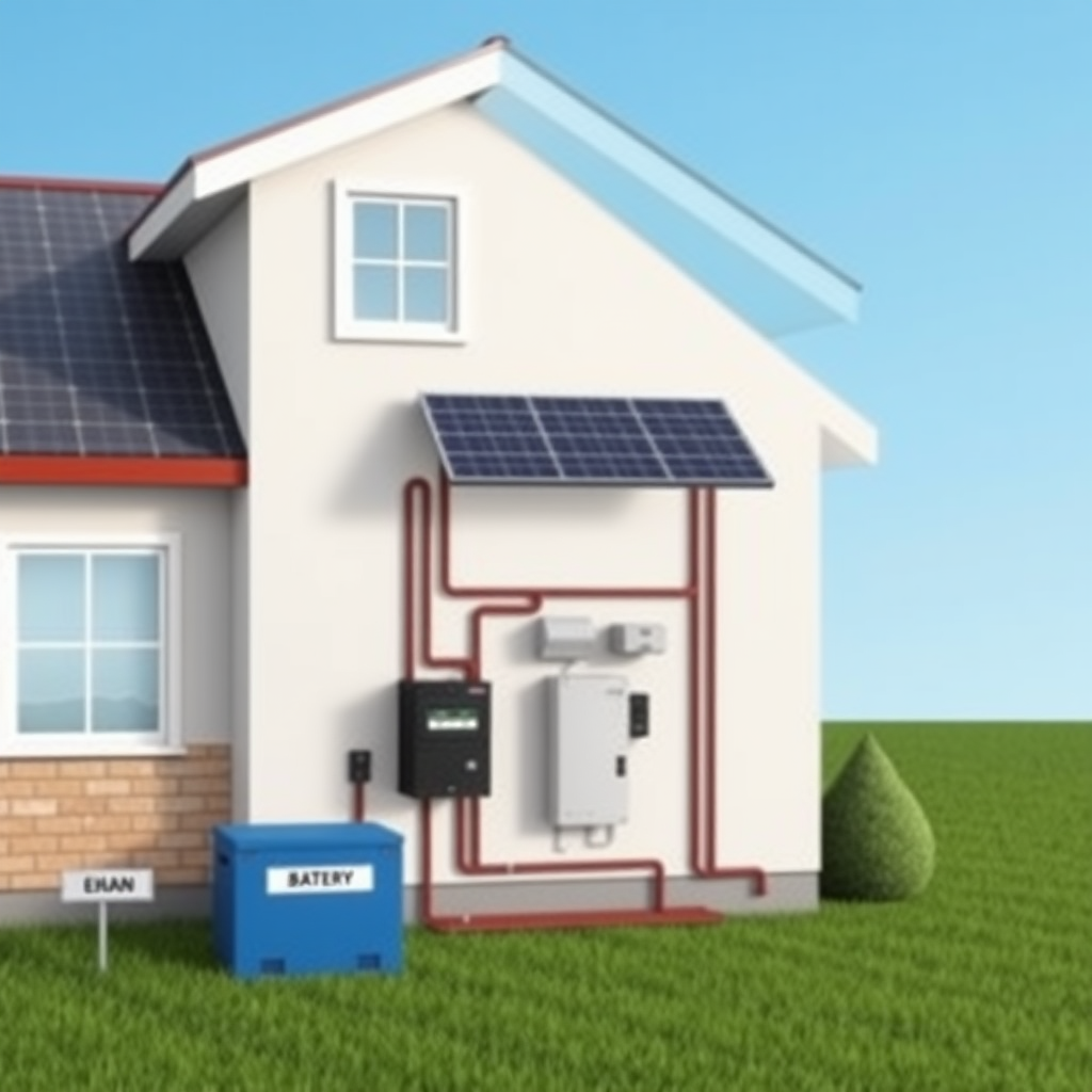 give me a photo of a home that is powered using both solar and batteries with an ev and have each system labeled