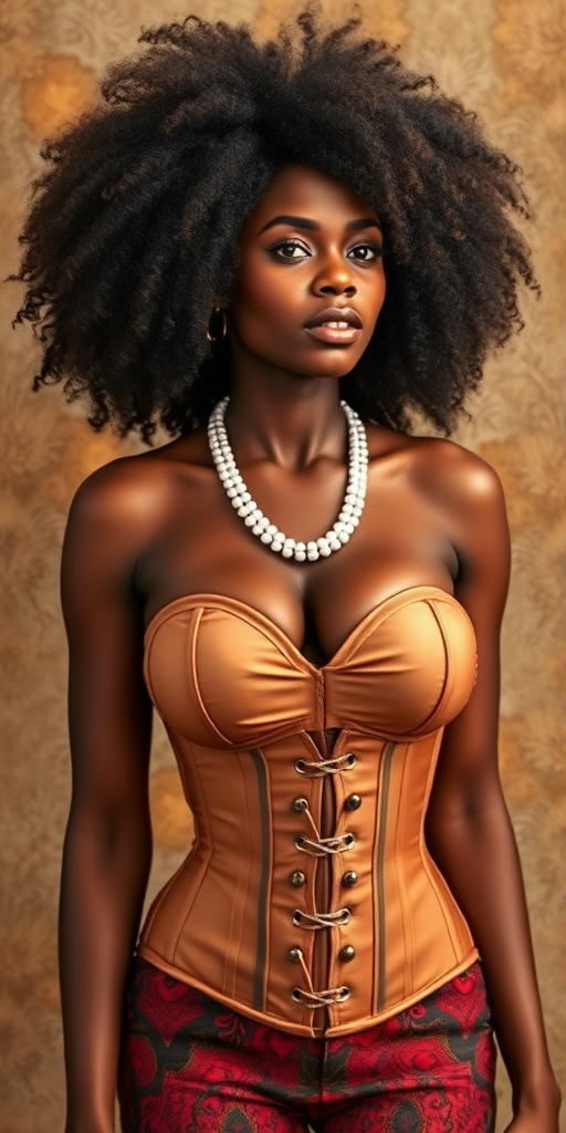 a photo of a busty african woman with an afro wearing a corset