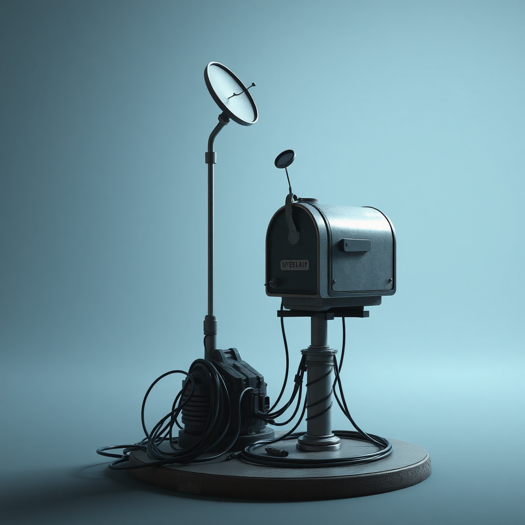 A full shot image of a stand, 3D model in Unreal Engine of a sci-fi interdimensional mailbox, vintage futuristic, small satellite dish on top, lots of cables.