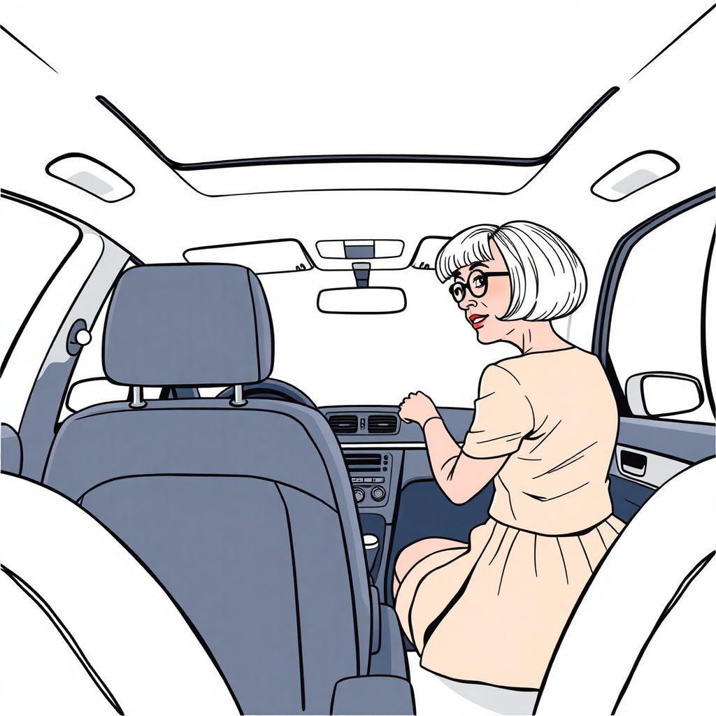 inside view of a VW Polo V from the front passenger seat point of view, looking at the driver seat from the side, short bowl haircut 50 year old woman driving, skirt, glasses, she is looking at the camera over her shoulder, long establishing shot, 2D, caricature, cartoon, Sketch lines, coloring book, coloring book style on white background, well composed, clean coloring book page, No dither, no gradient, strong outline, No fill, No solids, vector illustration, side view, vector illustration, movement lines, from above