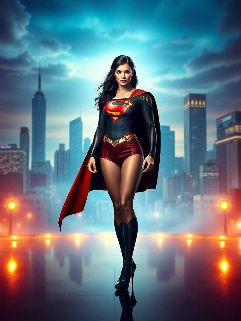 Create a full-length image of Superman with the female body type of Zatanna. Position the character standing confidently with a blend of Superman's iconic costume and Zatanna's elegant style. The background should be a fusion of Metropolis's skyline and a mystical stage, reflecting both superhero and magical elements. Ensure the setting complements the character's powerful yet enchanting presence, maintaining vibrant colors and dynamic lighting.