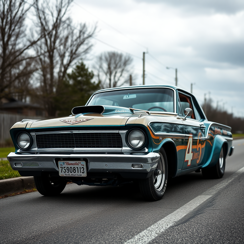 The drag car is parked on the side of the road, inspired by Taiyō Matsumoto, tumblr, restomod, nd4, c4 metallic shine classic american low rider custom paint ford alev desenler