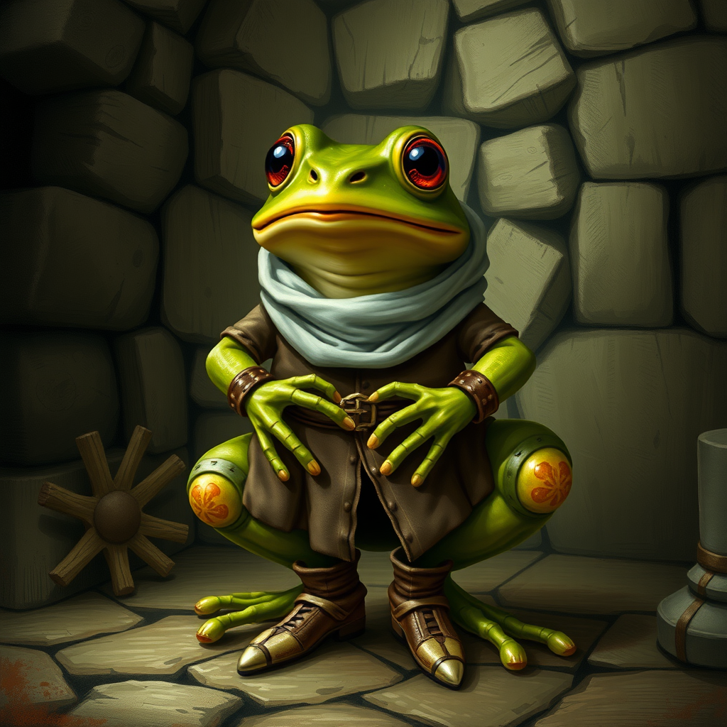 Anthropomorphic frog in a medieval setting and clothing and shoes