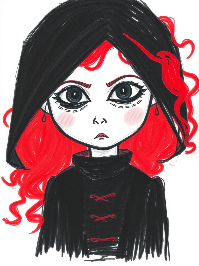 A terrible drawing done by a child with crayons: a beautiful assassin in all black, with curly red hair.