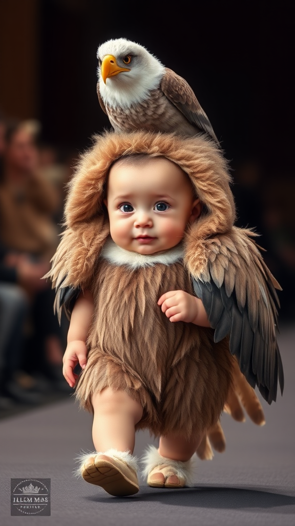 A cute small chubby fair baby with big eyes, pink lips, and pink cheeks, wearing a furry cozy eagle costume, doing a ramp walk in a fashion show, walking with a real eagle, with a cinematic eagle sitting on the baby's head.