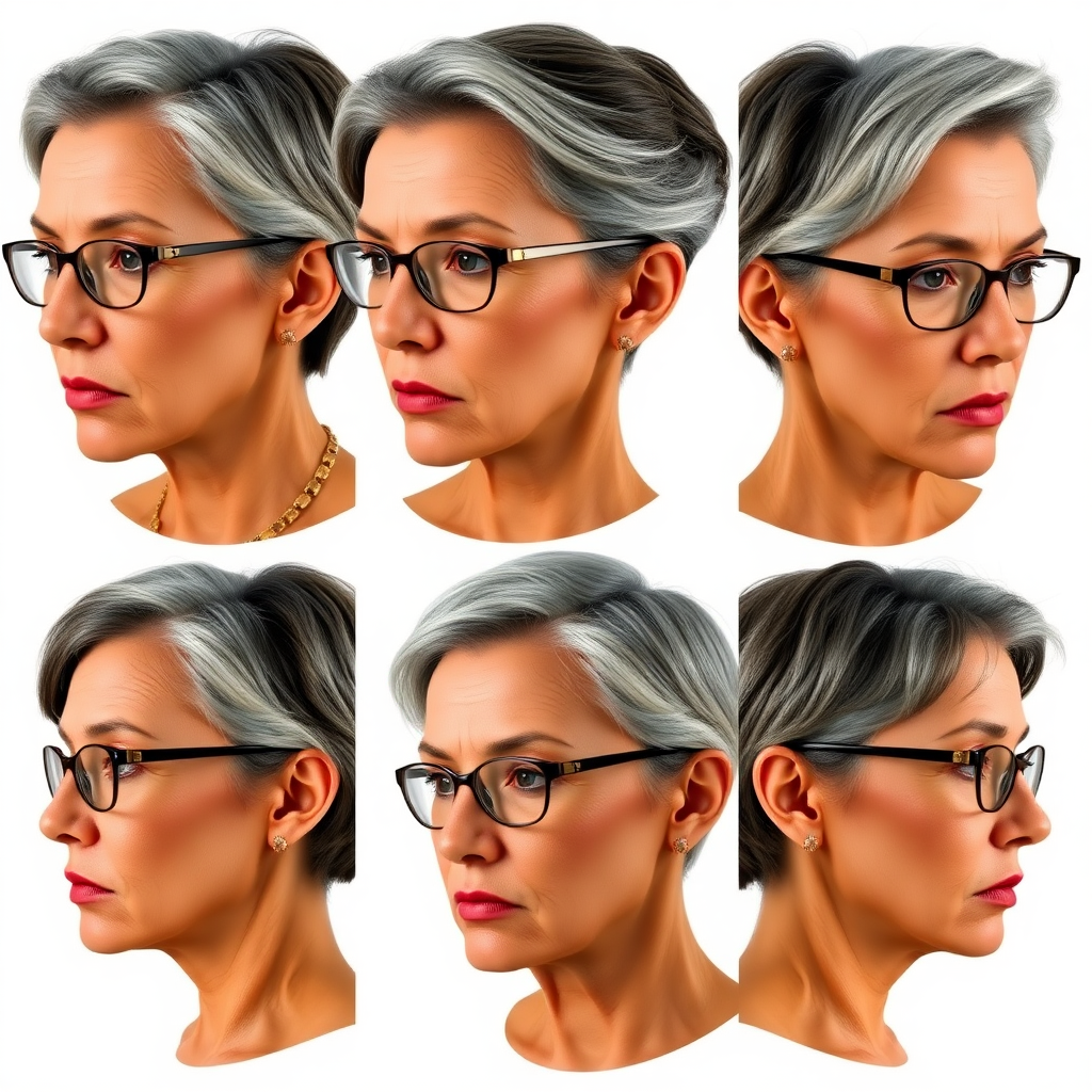 Photorealistic image of six headshots of a 45 Years old, European, Latina, sharp aquiline nose, wrinkles, high cheekbones, Middle Eastern, Skinny, Tanned skin, Dark light skin, full Makeup, jewelry, Serious face, Sharp nose, frowning, Ash hair, short bowl haircut, Brown eye color, Glasses, with detailed features. Each photo displays the same face in profile and front view, cut out and isolated on a white background. All six heads are visible side by side, empty space around each view, no overlapping.