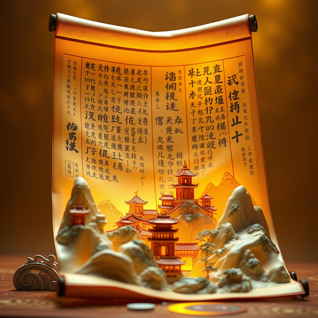 Three-dimensional ancient style, huge hollow transparent scroll, emitting golden light, the scroll is wrapped with three-dimensional landscape architecture, three-dimensional miniature landscape, flashing light gold light, one end of each page has a blank space, full of Chinese regular script, golden background, close-up,side, three-dimensional miniature landscape wrapped in focus scroll, Ultimate details, ancient scrolls, 3D rendering, professional photography technology and high-definition camera creation, miniature landscape, miniature sculpture, exquisite paper-cut craft effect, meticulous stroke art style --v 6.1“