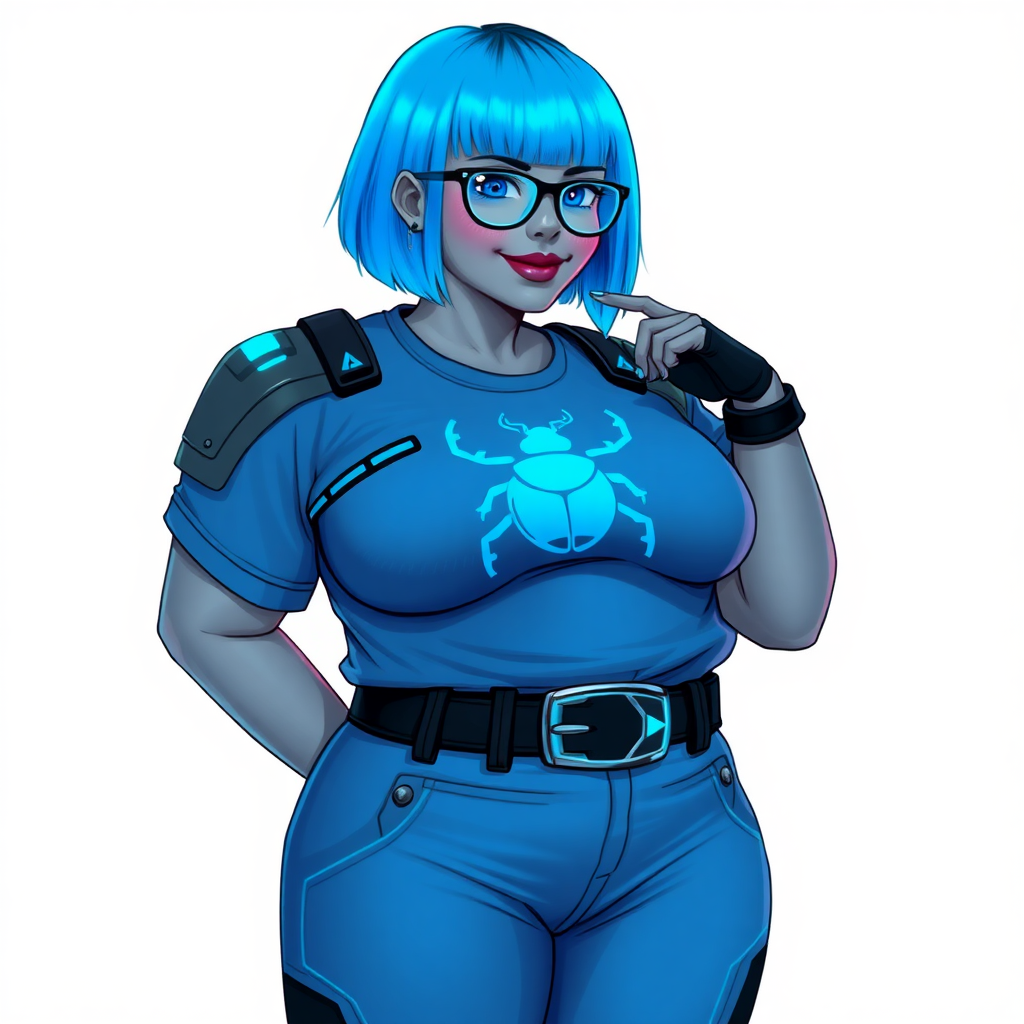 A 28-year-old, full-figured, metallic middle gray skinned computer program hybrid with a vibrant maximum blue bob cut. She has a non-athletic build, highlighted by a prominent, round, large midsection (fully emphasizing her round large belly) while being covered by her large t-shirt, reflecting her new junk food eating habits influenced by her boyfriend. As the full-figured, nerdy, digital sidekick to her cyberpunk vigilante boyfriend, her middle gray metallic skin and maximum blue lipstick underscore her digital essence. She dons a digital, computerized outfit: a large, tight-fitting, high-tech, maximum blue t-shirt with neon blue glowing beetle themed accents complete by a giant neon blue glowing beetle icon on the chest, hi-tech shoulder pads with neon blue accents, a black hi-tech belt with a digital neon blue glowing buckle, digital maximum blue pants with neon blue accents, and black hi-tech gloves with neon blue glowing accents. Her neon blue glowing eyes, black eyeglasses with neon blue glowing lenses equipped with a built-in HUD, and shy smile with neon red blush highlight her nerdiness. She stands bashfully with one hand behind her back and the other gently touching her cheek, her outfit covering all her bare skin and fully emphasizing her full-figured physique (especially her large belly). She is clearly non-athletic, with a heavy focus on her full-figured physique (with full emphasis on her large belly). Despite her build, she radiates beauty. Her slim face contrasts with her physique, accentuating her radiant beauty. She is set against a solid white background. She is drawn as if she were in a retro 2D cyberpunk fighting game.