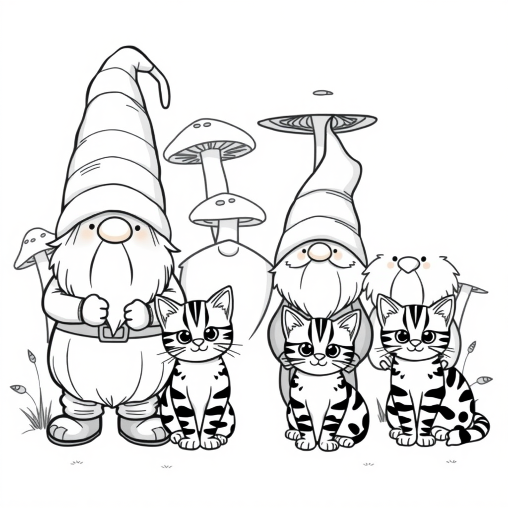 A happy Gnome family standing with their Bengal cats sitting. Some mushrooms in the background. Black and White - no gradients or greys. Vector style, isolated on white.