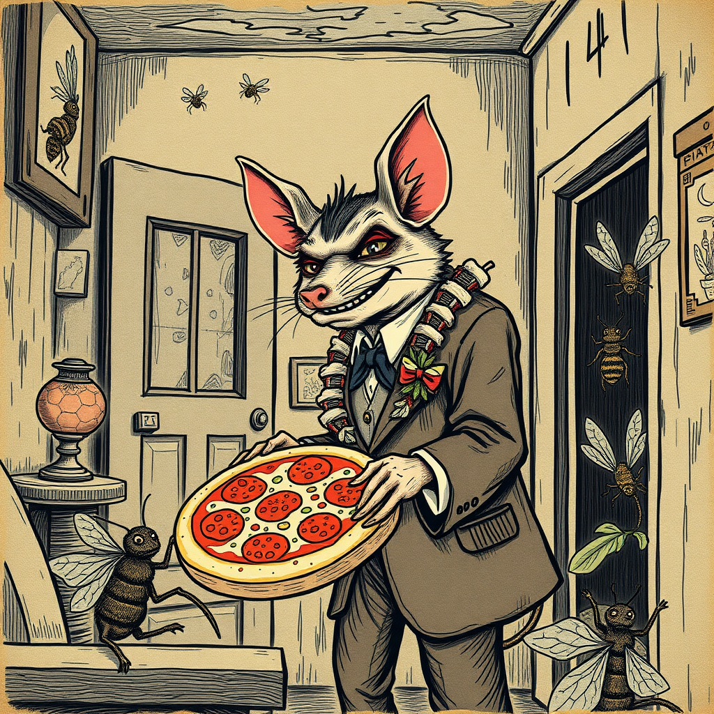 A well dressed handsome rat demon delivering Hawaiian pizza to angry bees in a decayed apartment, Chinese woodcut