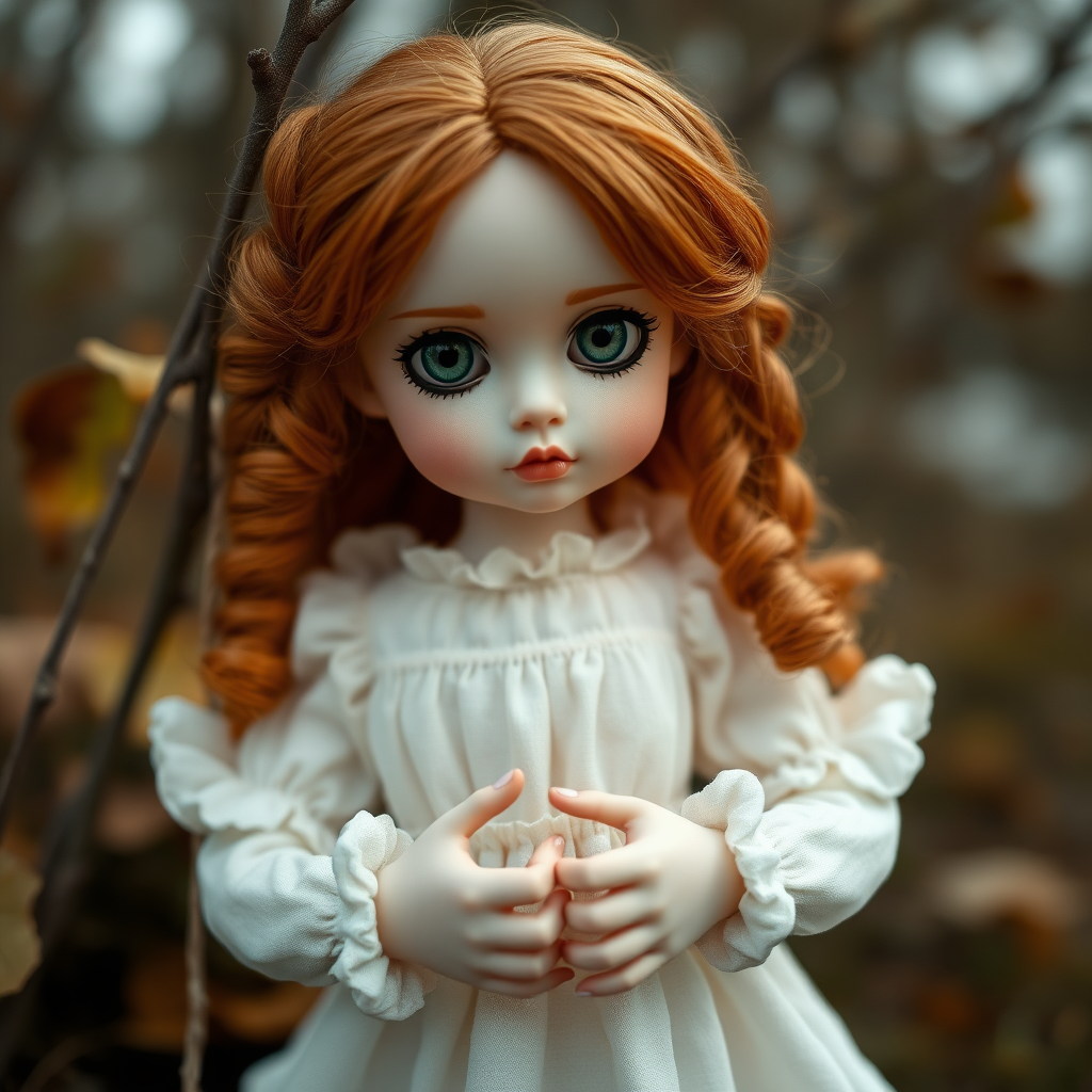 ooak art doll playing with her dress in nature, shy flirting with the camera, questioning look, bisque doll, artist doll, realistic doll, life-like porcelain doll, hyperfocal, bisque porcelain, symmetric, sacred geometry, original, unique personality, dynamic, cinematic scene, centered, macroscopic photo, dept of field, low key lighting, preteen ginger girl, balanced colors, autumn, stunning eyes