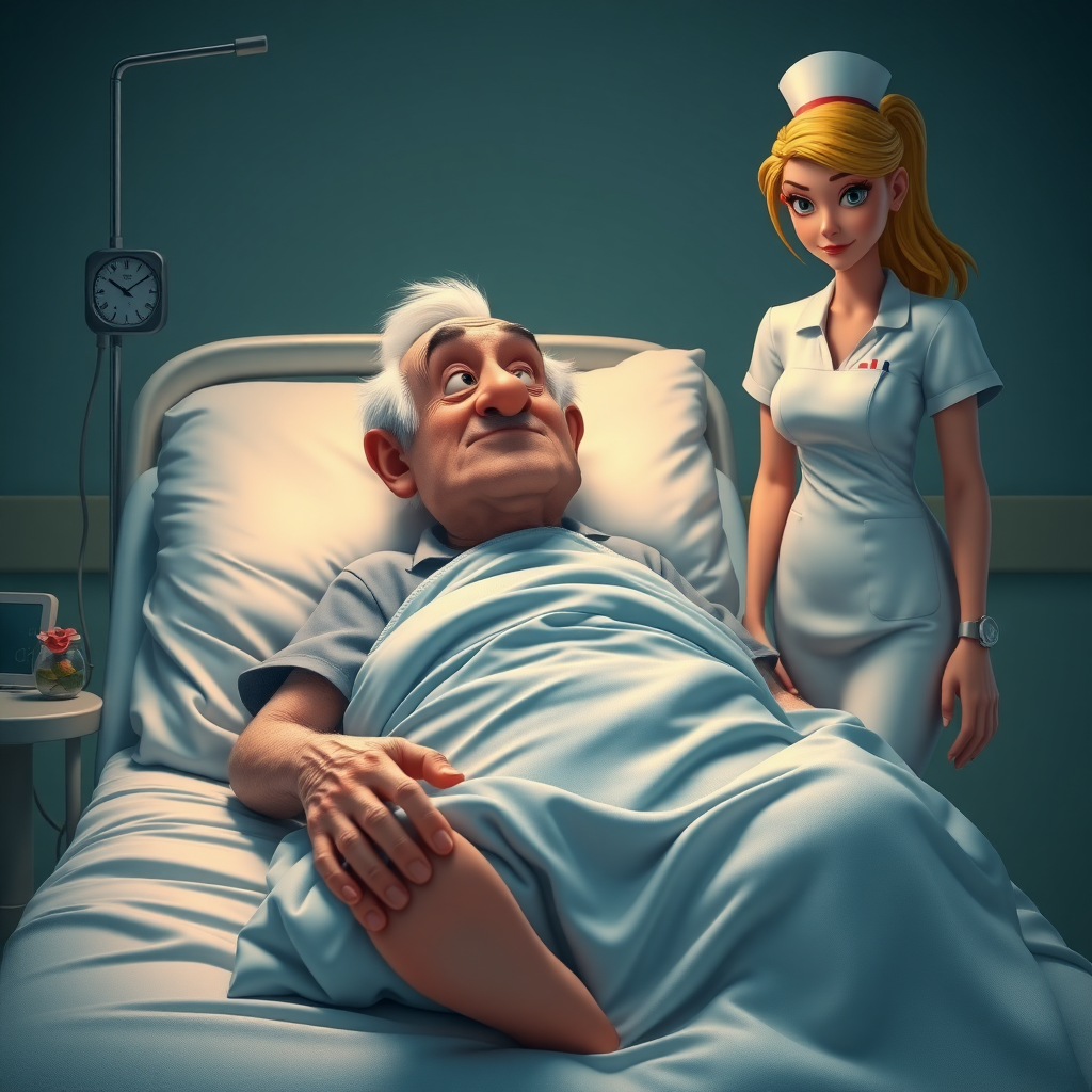 High quality, detailed, Disney 3D style film poster of an old man on a hospital bed with a huge erection under the blanket and a young skinny attractive nurse "impotence"