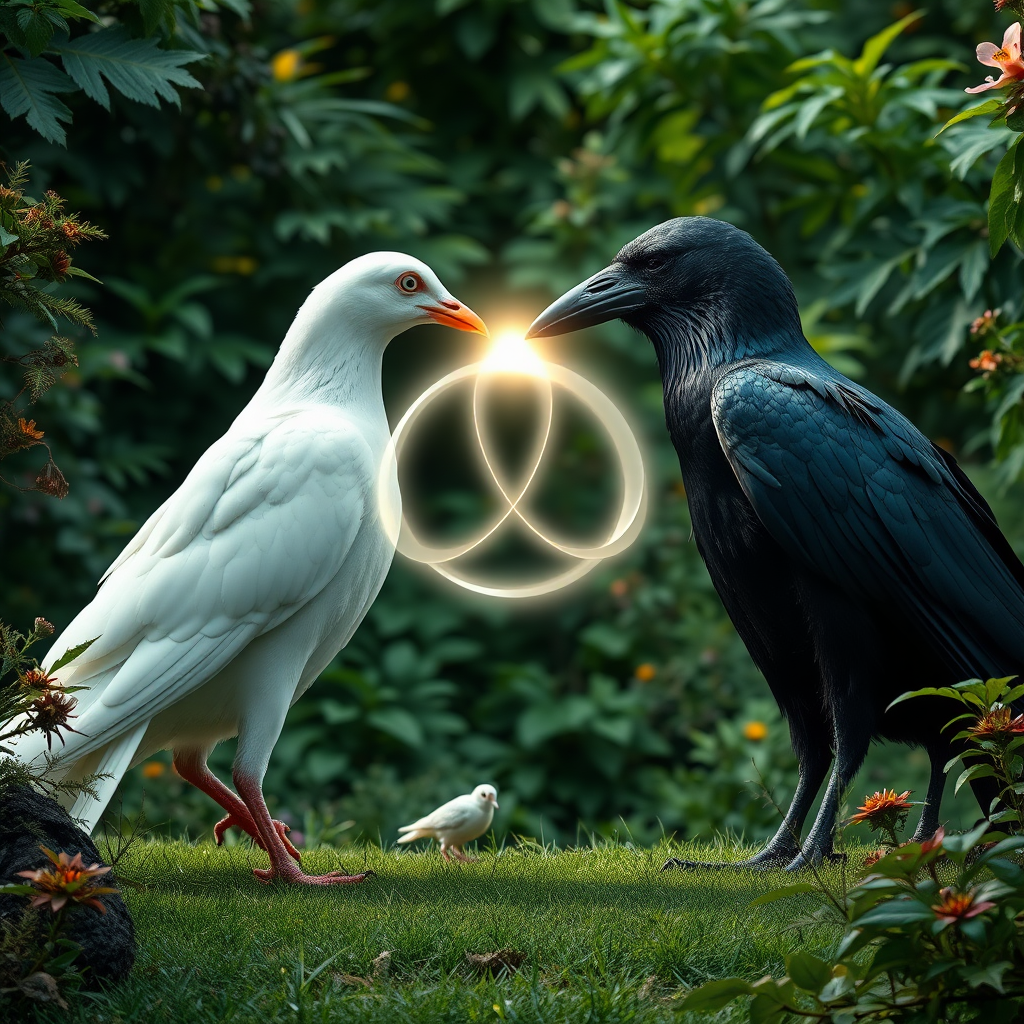 a huge white dove and a huge black crow standing facing each other within a clearing in an incredible lush garden. The beak of the dove is touching the beak of the crow. There is an abstract infinity symbol of wavy, transparent light energy that crosses as the beaks and moves into the bodies of the birds