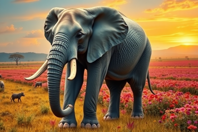 Generate a full-length photorealistic image of an elephant featuring the musculature and framework of a mouse, while keeping its head intact complete with distinct facial features. The skin retains its elephantine texture, complemented by soft fur similar to a mouse. The background blends elements from both animals' habitats, showcasing a mix of savannah and vibrant fields. Include plants characteristic of each environment, ensuring a harmonious and imaginative scene that captures the essence of both creatures while highlighting their unique characteristics in a surreal setting.