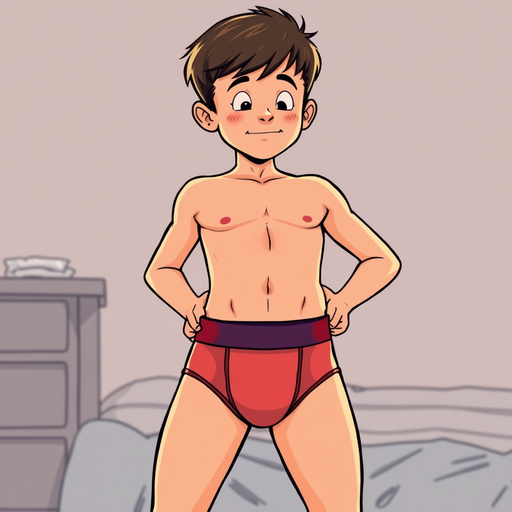 11 year old boy in his cartoon boxer briefs getting a wedgie