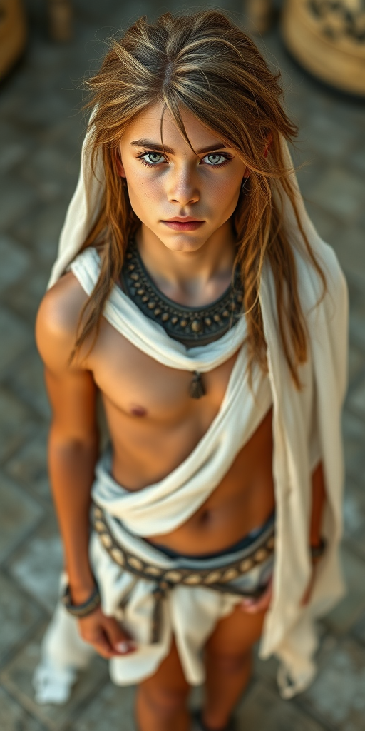 A beautiful ancient Babylonian teen boy, long hairs, long eyelashes, bridal vail, long legs, bare thighs. full length view from above. photorealistic, ultra high resolution, 16K.